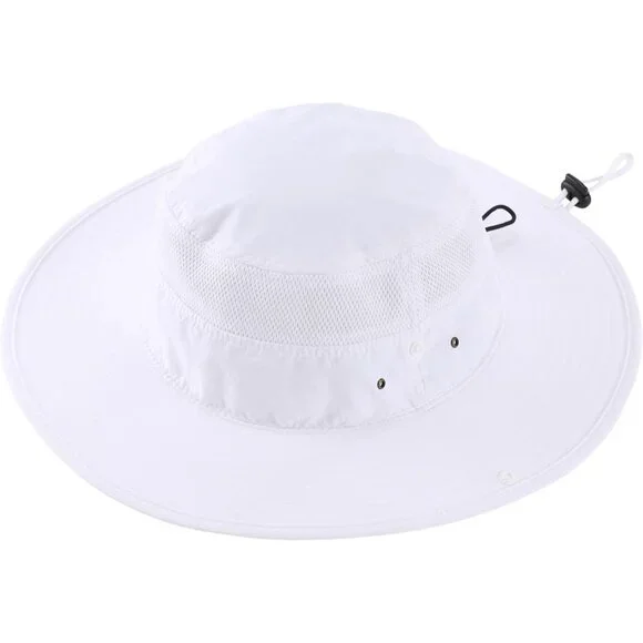 Unisex White 100% Polyester Wide Brim Boonie Mesh With Chin Strap Bucket Sun Hat - Picture 4 of 7